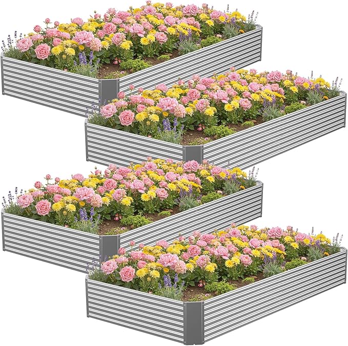 4 Pcs 8 x 4 FT Galvanized Steel Raised Garden Bed, Outdoor Planter Box for Easy DIY & Clean - Large Metal Garden Beds for Backyards, Terraces & Balconies