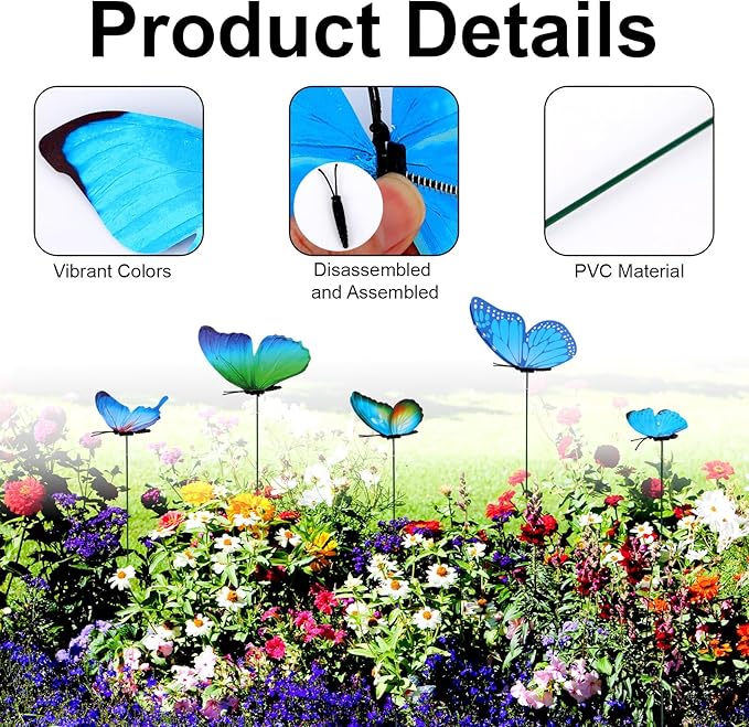 12pcs Decorative Butterfly Plant Stakes, 9.8in Lifelike Butterfly Garden Stakes PVC Waterproof Flower Pot Decorations for Garden Lawn Patio Indoor Outdoor Yard Planter Art Decor (Blue)