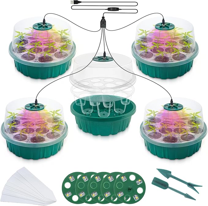 CJGQ 5Sets Seed Starter Tray with Grow Light,13-Hole Round Seedling Box,Elevated Seedling Starter Trays Kits with Adjustable Humidity Domes and Clear Cell Tray for Greenhouse Seeds Growing Starting
