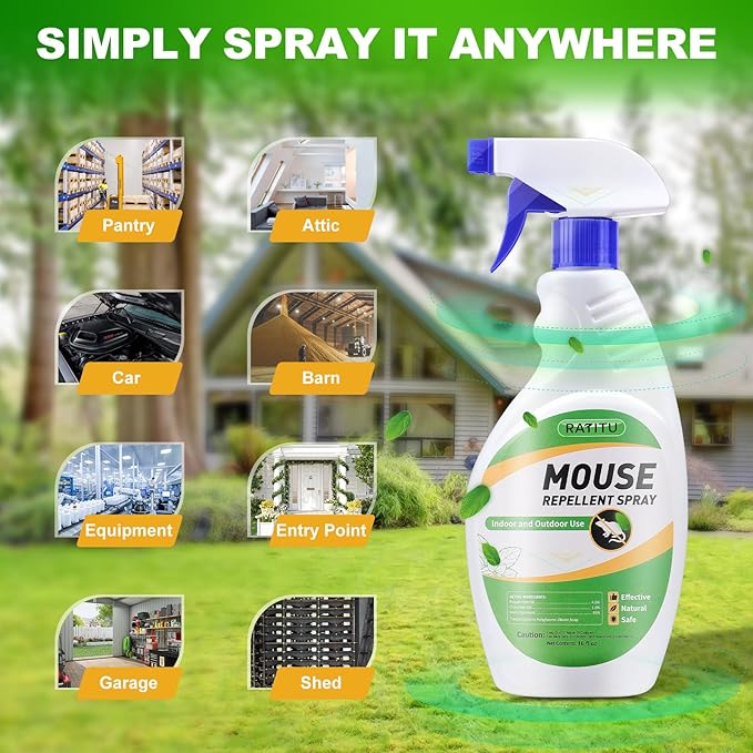 Natural Peppermint Oil Spray for Rodents 16 Oz, Mice Repellent Indoor/Outdoor, Squirrel Repellent Spray Mouse Rats Prevention On Home Yard Garage Warehouse Cars