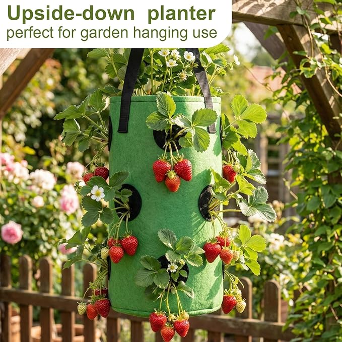 12-Pack Upside Down Grow Bags for Strawberries, Tomatoes & Vegetables - 3 Gallon Hanging Planters with 12 Planting Holes, Dark Green Breathable Fabric Garden Bags for Outdoor Herbs & Fruits