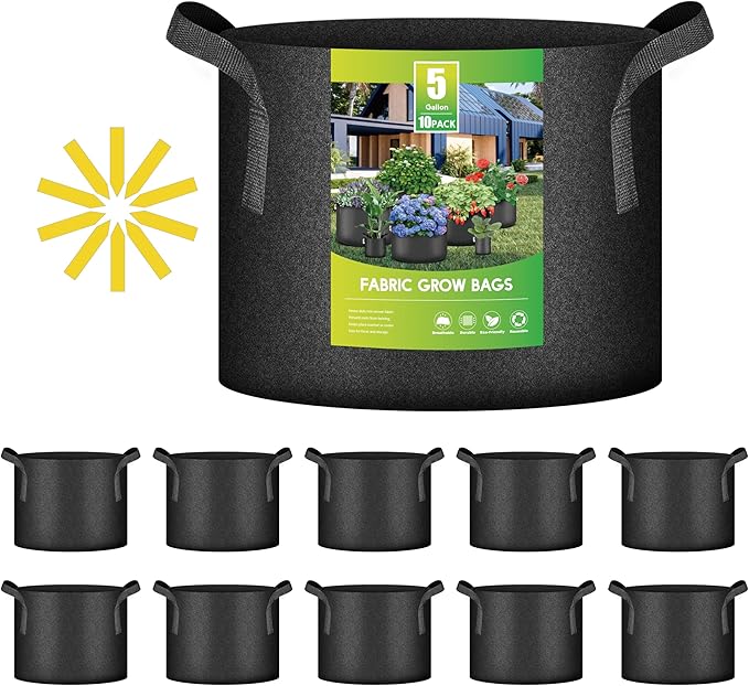 iPower 10-Pack 5 Gallon Thickened Grow Bags Nonwoven Fabric Pots Aeration Container with Strap Handles for Garden and Planting, Black