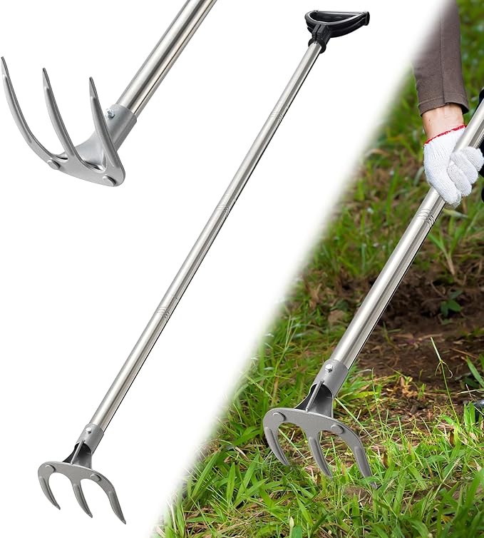 Manual Garden Rake Heavy Duty, Adjustable Handle 3 Tines Garden Cultivator Rake with D-Type Grip for Digging, Weeding, Loosening,Ergonomic Garden Tool