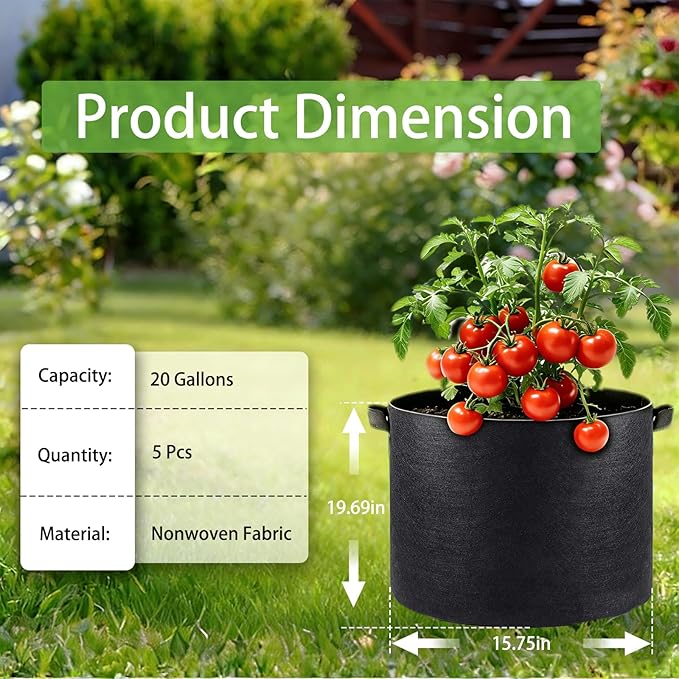 iGarden Grow Bags Tall,20 Gallon Grow Pots 5 Pack with Handles, Heavy Duty 320G Thickened Nonwoven Fabric Plant Bag for Vegetables, Black