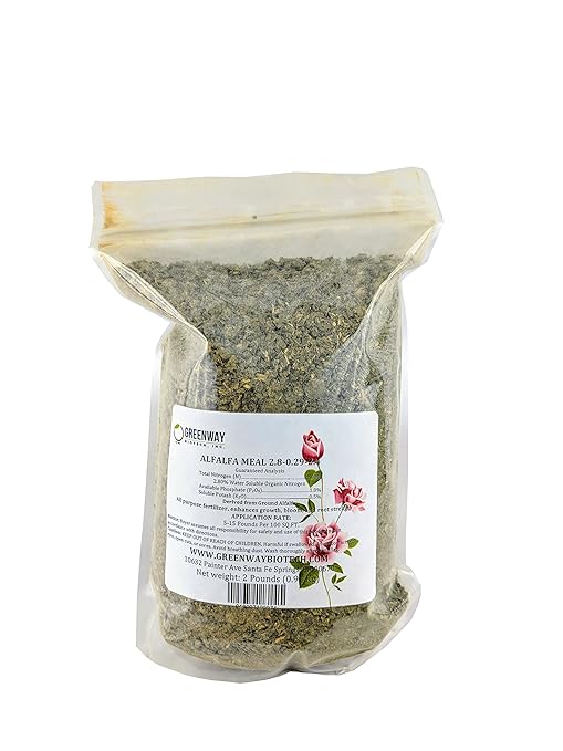 Greenway Biotech Organic Alfalfa Meal Fertilizer 2.5-0-2.5 | Rose & Vegetable Plant Food with Triacontanol Growth Stimulant | Non-GMO, Phosphorus-Free | 2 Pounds