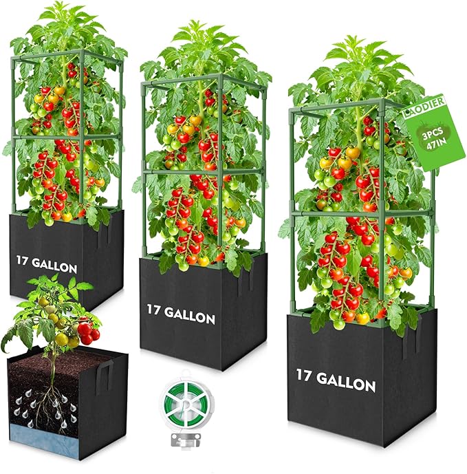 3 Pack Tomato Cages, Square Tomato Trellis with 17 Gallon Grow Bags,47IN Tall Heavy Duty Tomato Plant Support Stakes for Garden Climbing Vegetables Flowers Fruits (Extra-Bold, 3 Pack)