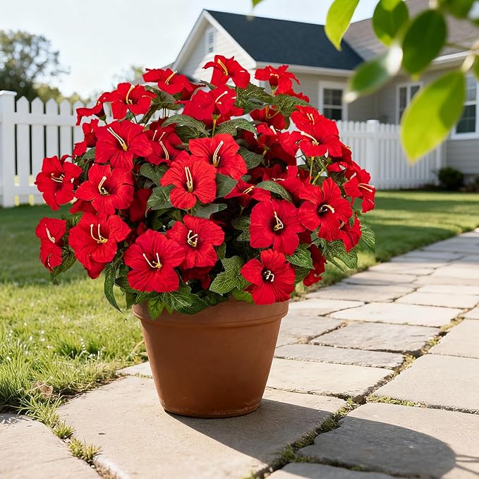 19 Inch Artificial Fake Flowers for Outdoor,4 Pcs Red Faux Silk Petunias Spring Flowers for Outside for Indoor Porch Planter Front Door Garden Patio Window Box Home Decor