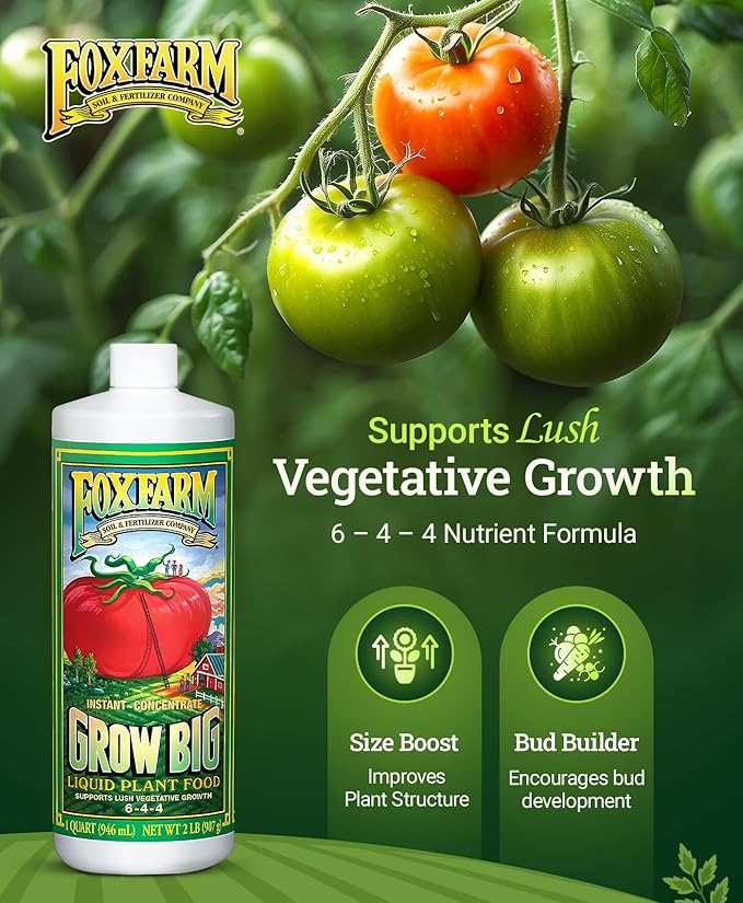 FoxFarm Grow Big Liquid Plant Food - Bloom Fertilizer for Flowers, Fruits, and Vegetables, Perfect for Indoor & Outdoor Potted Plants, NPK 6-4-4 (Quart)