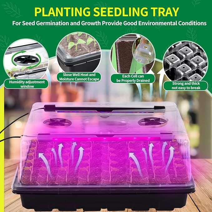 96-Cell Self-Watering Seed Starter Tray with Grow Light & Humidity Dome for Indoor Seedling Growth Complete Kit for Plant Germination LED Red Blue 2 Set