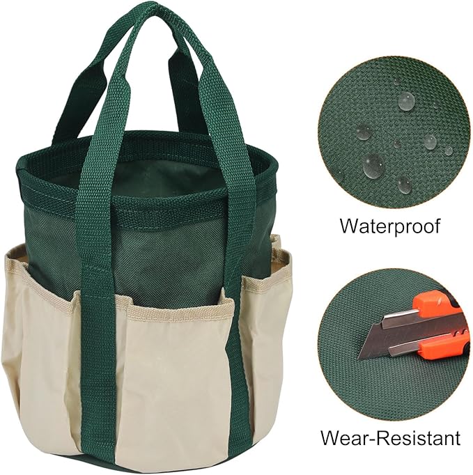 HARFINGTON Garden Tool Bag 7.5" x 8.3" Small Oxford Waterproof with Pockets Garden Tote Bag Gardening Plant Tool Organizer Storage Carrier Store for Outdoor Women Men, Dark Green