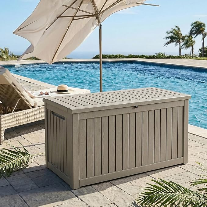 280 Gallon Outdoor Storage Deck Box Waterproof Resin Lockable Outside Bench Porch Patio Furniture Pool Float Garden Tool Cushion UV Resistant Bin Beige