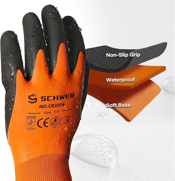 Schwer 6 Pairs Waterproof Work Gloves for Men and Women CR3306, Gardening Gloves with Double Latex Coated, Non-slip Working Gloves, Outdoor Construction, Car and Fish Cleaning, No Fleece Lining, S