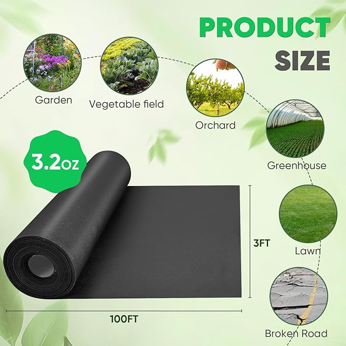 Non-Woven Thick Weed Barrier Fabric 3 FTx32 FT, 3.2oz Heavy Duty Weed Barrier Landscape Fabric, Ground Cover for Superior Weed Control, Easy Setup for Gardens, Landscaping, Flower Beds (Green)