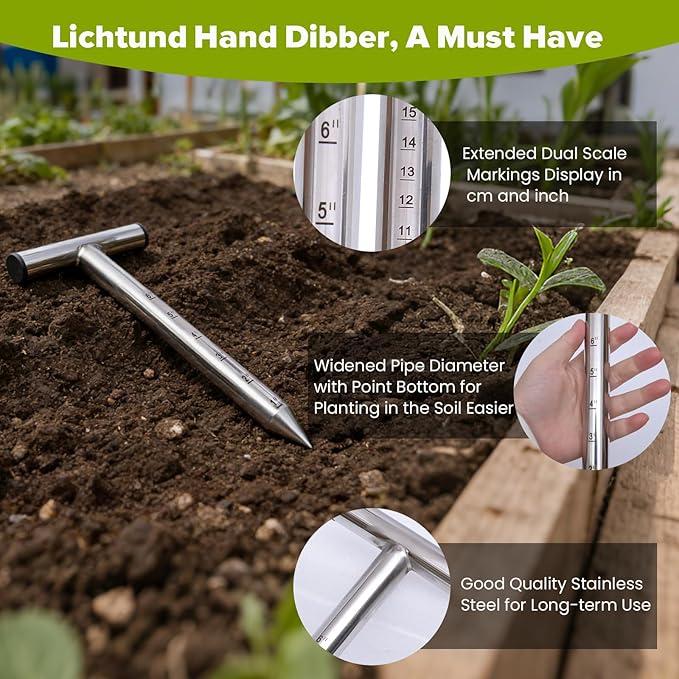 Dibbler Gardening Tool Stainless Steel, Hand Dibber Seed Planter Tool, T-Handle Bulb Planter Tool, Hand Held Hole Digger for Tulip Garden Tool