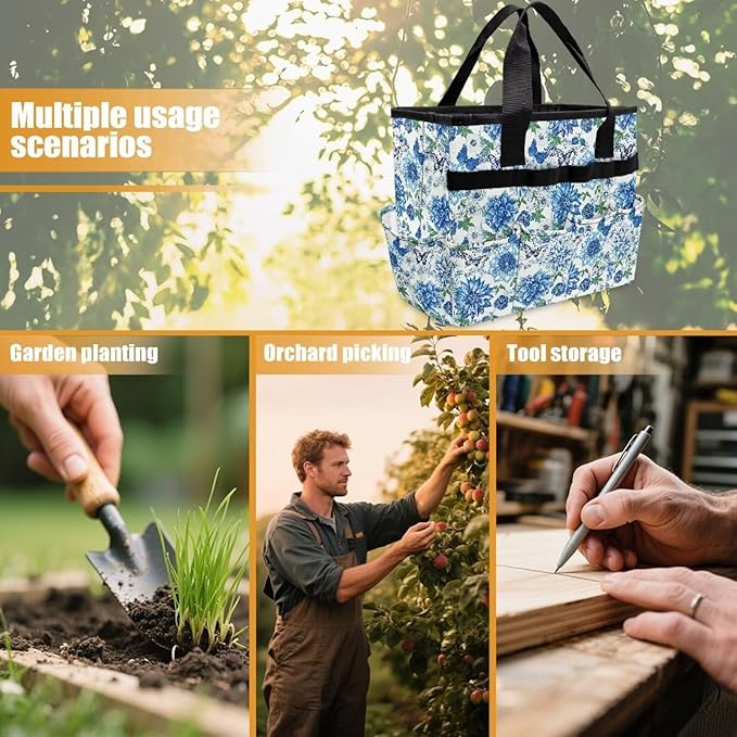 Blue Mandala Flower Garden Tool Bag Portable Gardening Tool Organizer Bag with 10 Pockets and Handle Tool Carrier and Storage for Garden Lawn Yard Casual Camp