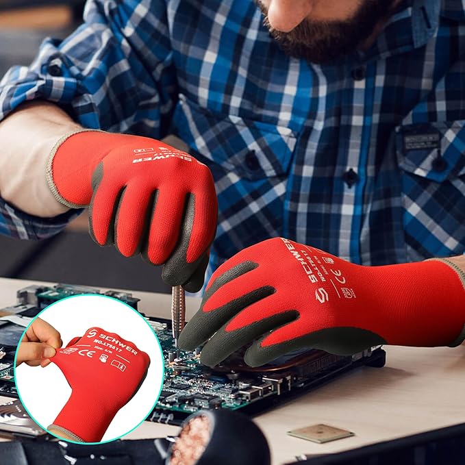 Schwer 12 Pairs Ultra-Comfort Safety Work Gloves MicroFoam Nitrile Coated, Seamless Knit Nylon Glove for Men and Women, Abrasion Resistant, Non Slip, Breathable, LT5617, M