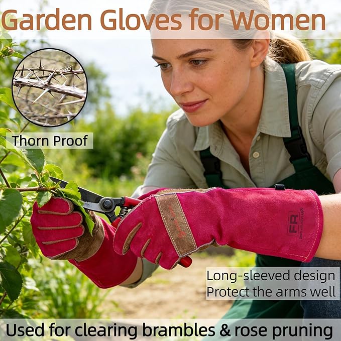Welding Gloves for Men, Gardening Gloves Yard Work for Women, Long Sleeves Gloves for Rose Pruning, Thorn Proof, Fireproof and Heat Resistant (Rose Red, X-Small)