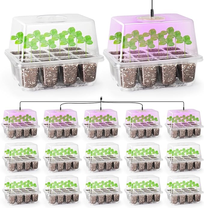 The Bundle of Bonviee 5 Packs Seed Starter Tray with Grow Light and 10 Packs Seed Starter Kit