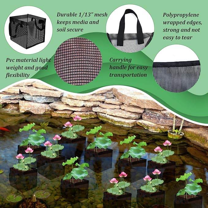 6PCS Mesh Aquatic Pond Plant Baskets, 2 Gallon Large Pond Planting Bags Reusable Aquatics Planter Pot Water Lily Growing Container with Handles for Lotus Bog Plant Garden Terrestrial Plants, 7.9"