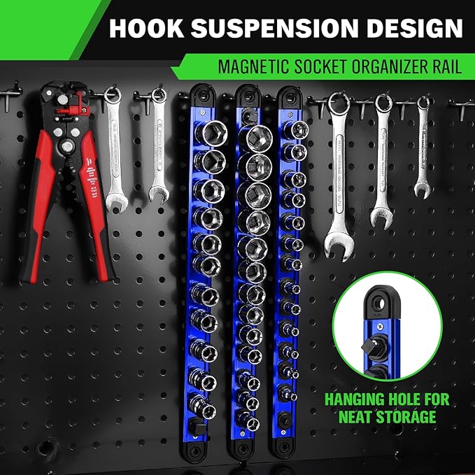 1/4-inch Magnetic Socket Organizer Rail, Aluminum Alloy Socket Rail, Heavy Duty Sockets Holder with 14 Clips, 360° Swivel Clip Tool Tray, Sockets Organizer for Tool Box Drawer (Blue)