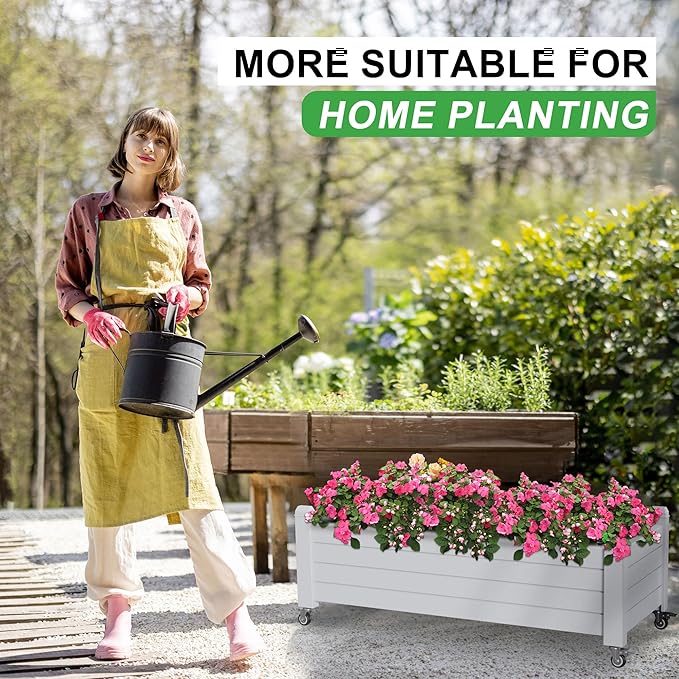 Elevated Raised Garden Bed with Wheels, Outdoor Large Resin Patio Planter Box Stand Divisible with Drain Plug,Water Monitor for Plants Vegetables Flowers Fruits(Ashen)