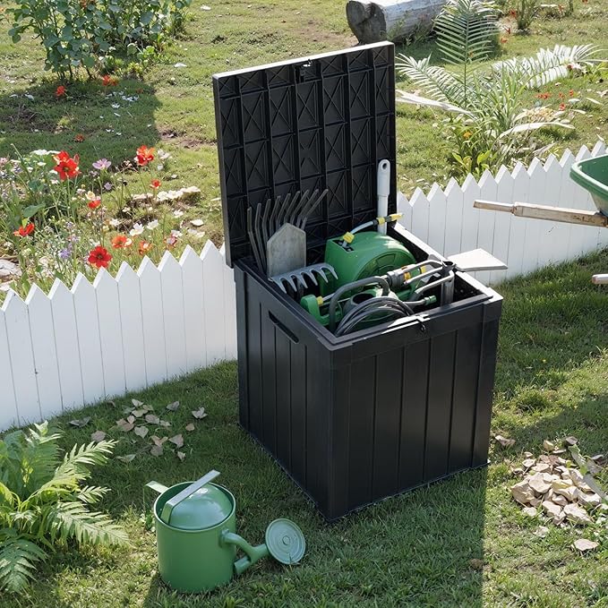 PatioZen 50 Gallon Deck Box,Resin Outdoor Storage Box with Lockable for Patio Furniture, Pool Accessories, Garden Tools, Waterproof Outside Storage Box, Black