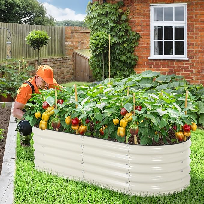Aoodor 17" Tall Oval Galvanized Raised Garden Bed Kit, 4-in-1 Large Metal Outdoor Planter Box for Vegetables, Flowers, and Herbs, 5 x 2 x 1.5 Ft, Beige