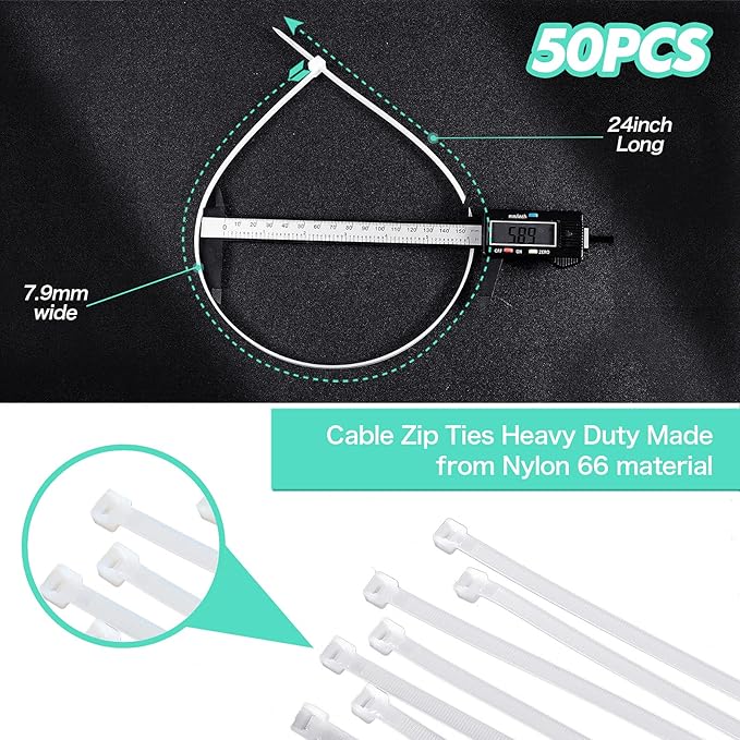 Shappy 50 Pcs Zip Ties Heavy Duty Strong Large Cable Wire Ties Zip Industrial Sturdy Wire, Awnings Tying Branches Bundling of Crops Fixed Water Pipes(24 Inch,White)