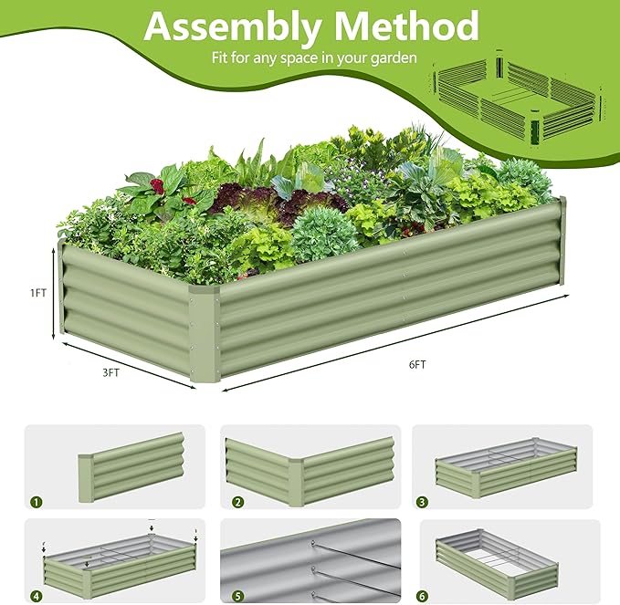2PCS 6x3x1FT Galvanized Raised Garden Bed Kit, Galvanized Planter Raised Garden Boxes Outdoor, Large Metal Raised Garden Beds for Vegetables-Green
