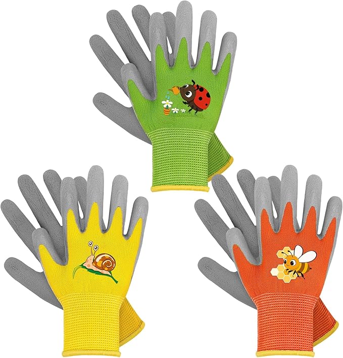 WAWSAM Kids Gardening Gloves 3 Pairs Toddlers Rubber Coated Work Gloves Children Garden Gloves