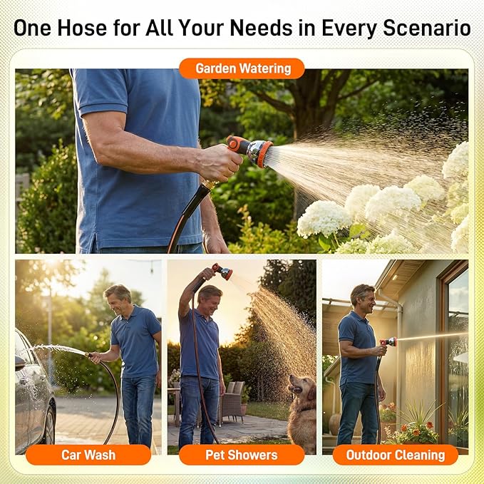 Garden Hose, 100ft 5/8" Heavy Duty Rubber Water Hose w/ 10-Mode Spray Nozzle, 550 PSI Burst, 360° Anti-Kink Swivel Connectors, All-Weather Flexible, Leakproof 3/4" Brass Male to Female Fittings