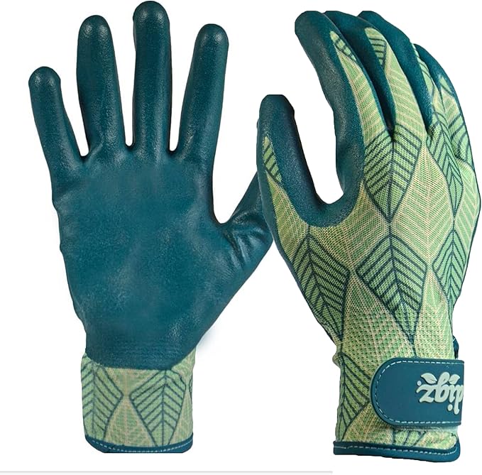 Digz Grip Latex-Free Polyurethane Coated Garden Gloves with Adjustable Wrist | Color: Blue & Green Leaves Pattern | Size: Medium
