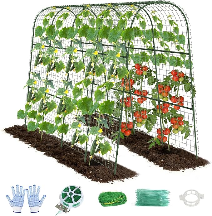 Cucumber Trellis, Metal Garden Arch Trellis for Raised Bed, 63 x 48inch U-Shape Garden Trellis for Climbing Plants Outdoor, Vegetables Fruit Plant Support with Netting, Gardening Supplies (Green)