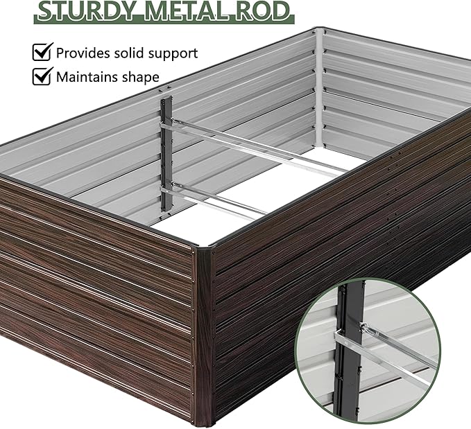 Galvanized Raised Garden Beds, 8x4x2FT Outdoor Planter Boxes with Safety Edging and Gloves, Rustic Country Style Metal Garden Bed Kit for Vegetables Flower and Fruits (Brown Wood Grain