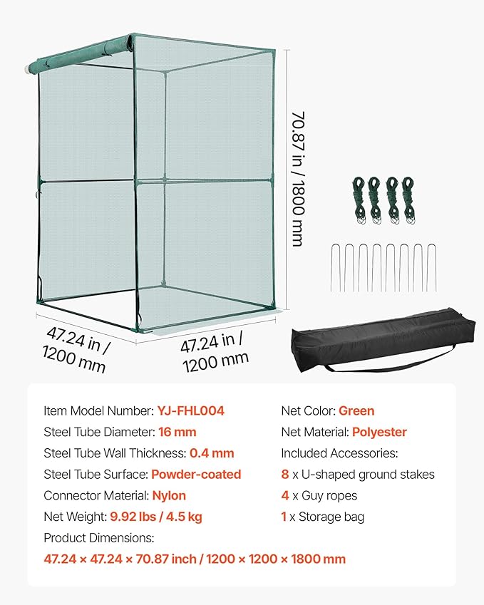 VEVOR Crop Cage, 3.9 x 3.9 x 5.9 ft Plant Protection Tent with Zippered Door, Wind-Resistant Tall Crop Cage, Easy to Install, Outdoor Raised Bed Cover, Tomato Plant Netting for Garden Patio Lawn