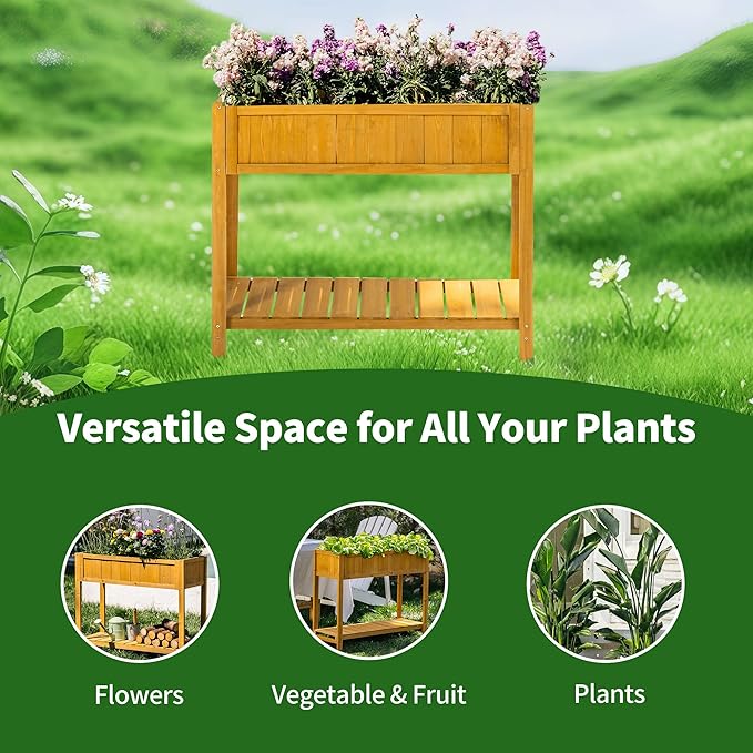 Premium Fir Wooden Raised Garden Bed with Four Legs for Backyard and Balcony Gardening,Suitable for Indoor and Outdoor use,Bottom with Storage Rack,35.04''×13''×29.92''