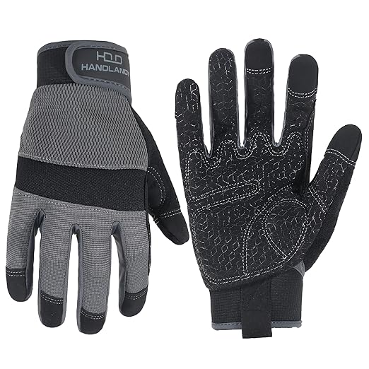 HANDLANDY Working Gloves for Men & Women, Safety Work Gloves with Grip for Warehouse Construction Garden Yard Outside (Grey-Grip, Large (Pack of 1))