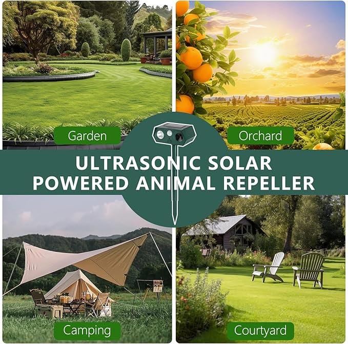 4Pack 2026 Ultrasonic Animal Repellent Outdoor Deer Repellent Devices Solar Animal Repeller Motion Activated Deterrent to Scare Cat Squirrel Rabbit Raccoon Skunk with LED Flash Lights for Yard Lawn