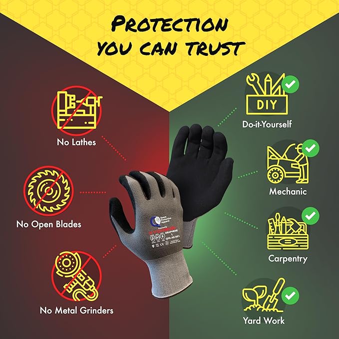 Quest Protective Apparel Cut Resistant Work Gloves (ANSI A1) – Lightweight Graphene Gloves for Gardening,DIY, Mechanical & General Handling – Breathable Grip Gloves for Men & Women – Large, Pack of 12