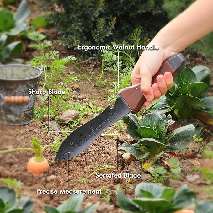 Restmo Hori Hori Garden Knife with Sheath, Durable Weeding and Planting Tool, High-Strength Stainless Steel Dual-Edge Blade, Ergonomic Walnut Handle for Gardening and Outdoor Use