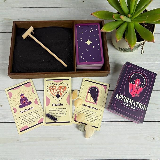 Wooden Zen Garden with Daily Affirmation Cards for Women and Men | Midnight Purple Sand with Rake & Amethyst Wand | Affirmations for Mindfulness, Meditation, and Inspiration | Beautiful 52 Card Deck