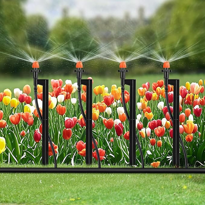 Drip Micro Sprinkler Heads with Stake: 360 Degree Sprinkler Nozzle with 1/4" Drip Irrigation Tubing - 10 Pack Drip Spray Emitters on 12 Inch Stake for Garden Water System