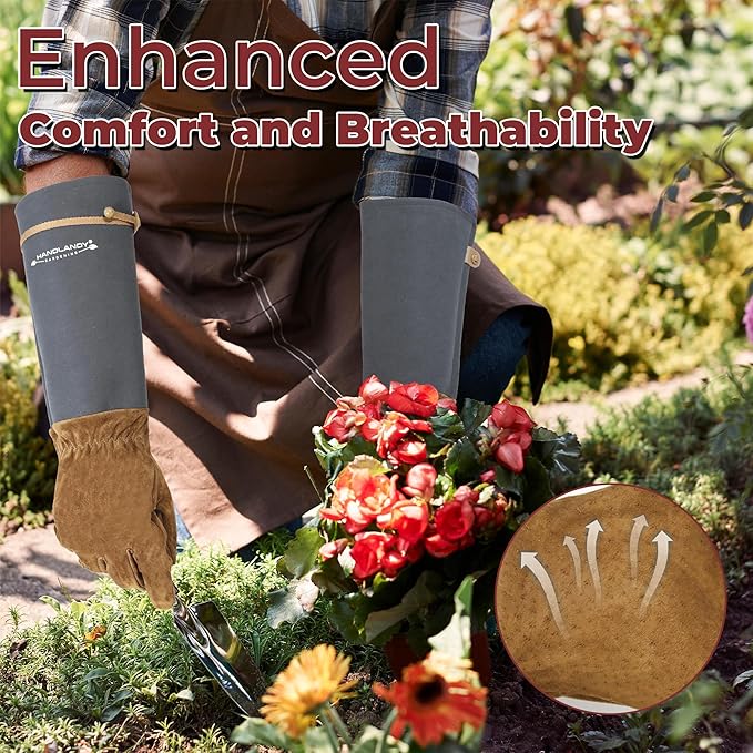 HANDLANDY Long Gardening Gloves for Men Women, Thorn Proof Rose Pruning Leather Garden Yard Gauntlet Glove, Gardening Gifts