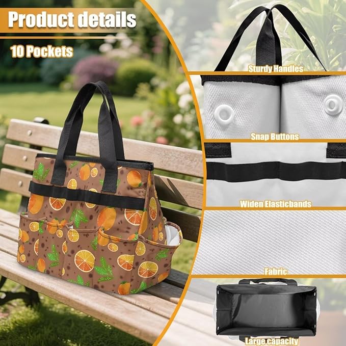 Brown Lemon Garden Tool Bag Portable Gardening Tool Organizer Bag with 10 Pockets and Handle Tool Carrier and Storage for Garden Lawn Yard Casual Camp
