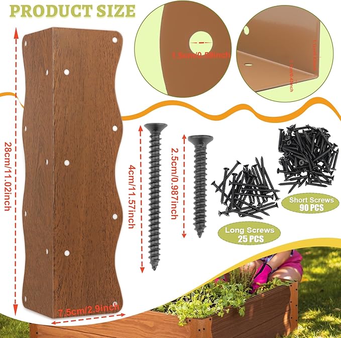 8 Pcs Raised Garden Bed Corner Brackets Heavy Duty Metal Raised Bed Corners and Connectors for Wood(11"x3"x3"), Brown L-Shape Wavy Connectors with Screws, fits for 20"-24" Raised Beds