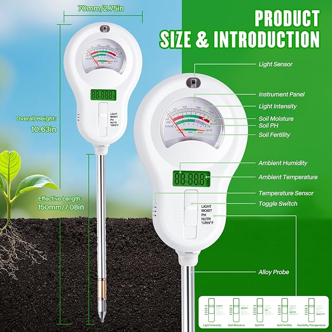6-in-1 Multifunctional Soil Moisture Meter, pH/Temperature/Soil Moisture/Sunlight/Air Humidity/Soil Fertility Soli Analyzer for Farming, Gardening, Lawns