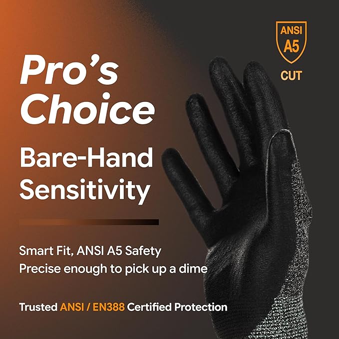 DEX FIT Level 5 Cut Resistant Gloves Cru553, 3D-Comfort Stretchy Fit, Power Grip, Professional Grade, Thin, Touch-Screen Compatible, Durable, Machine Washable; Gray L (9) 12 Pairs