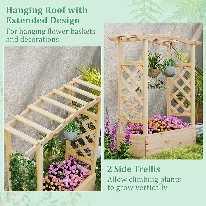 HAPPYGRILL Raised Garden Bed with Trellis, Wood Planter Box w/Hanging Roof, Drainage System, Elevated Garden Box for Climbing Vine, Outdoor Planter w/Trellis for Patio Balcony, 44" x 14" x 45"