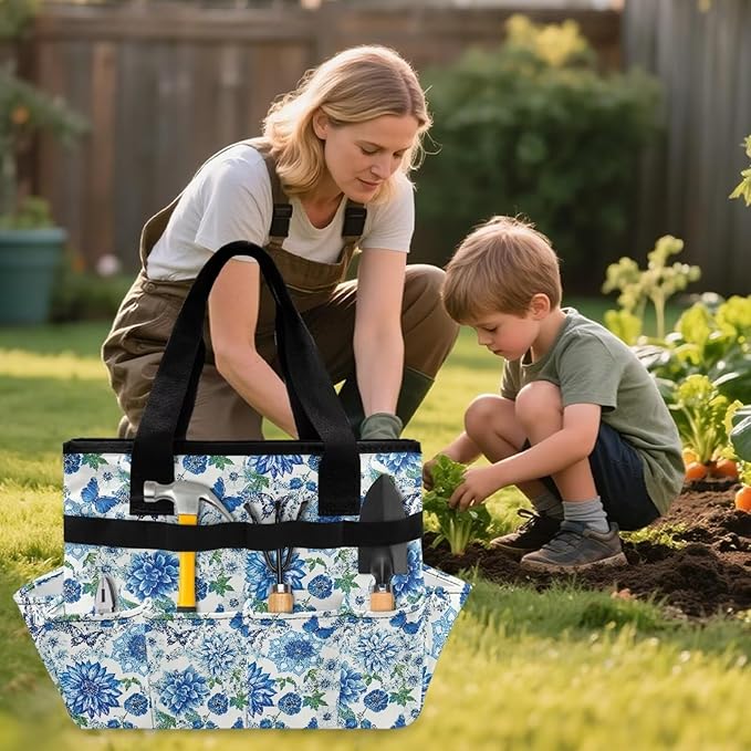 Blue Mandala Flower Garden Tool Bag Portable Gardening Tool Organizer Bag with 10 Pockets and Handle Tool Carrier and Storage for Garden Lawn Yard Casual Camp