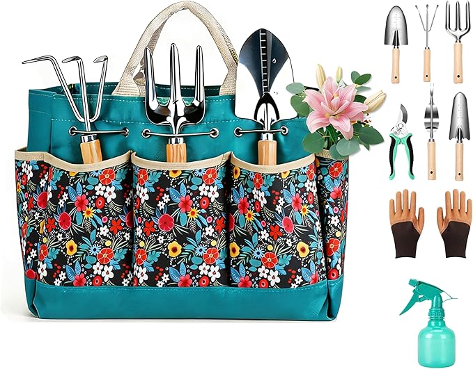 Garden Tool Set, 9 Pcs Heavy Duty Stainless Steel Gardening Hand Tool, Turquoise Garden Tool Bag Kit, Gardening Supplies Gifts for Women Men Mom Dad Gardener Beginner